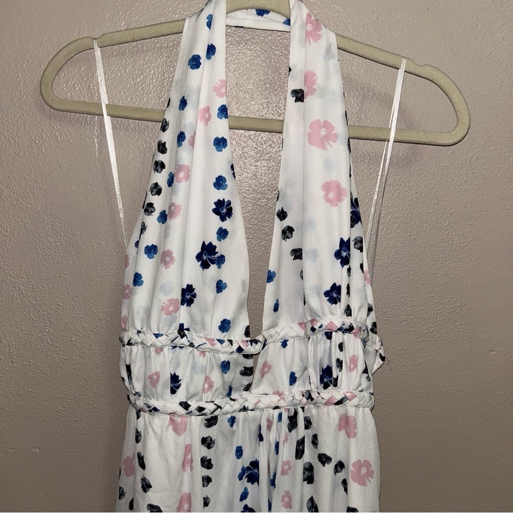 Aqua White Halter Maxi Dress with Blue Floral Dots - Picture 4 of 6